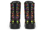 Black boots featuring a rainbow gradient paw print pattern