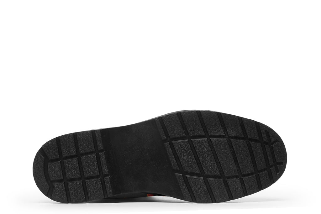 Black boots featuring a rainbow gradient paw print pattern