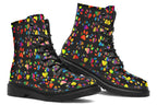 Black boots featuring a rainbow gradient paw print pattern