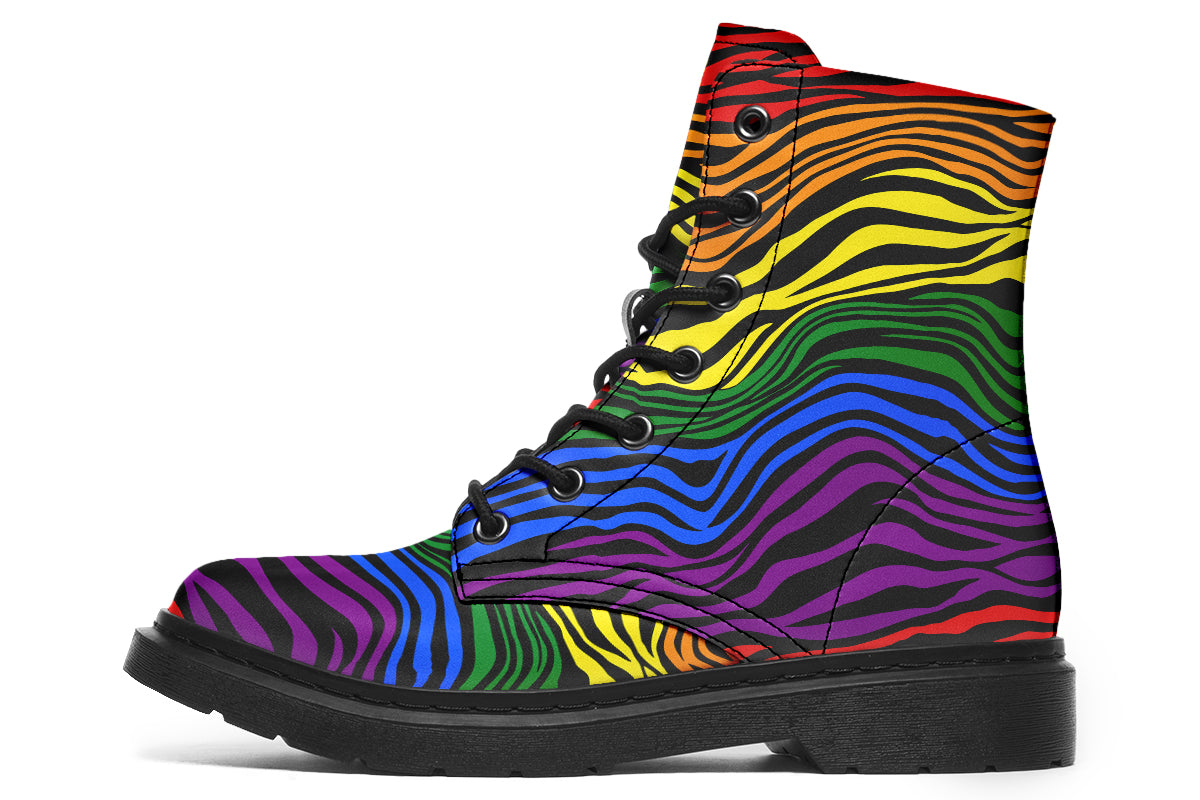 Boots featuring a zebra pattern in rainbow colours