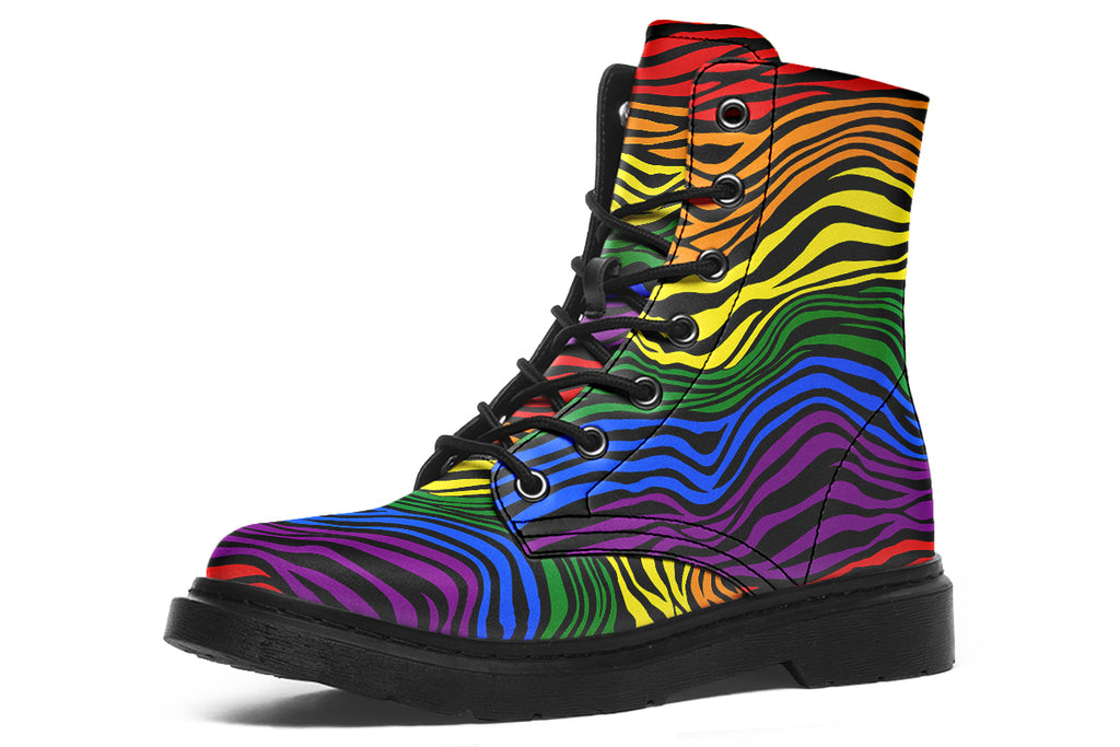 Boots featuring a zebra pattern in rainbow colours
