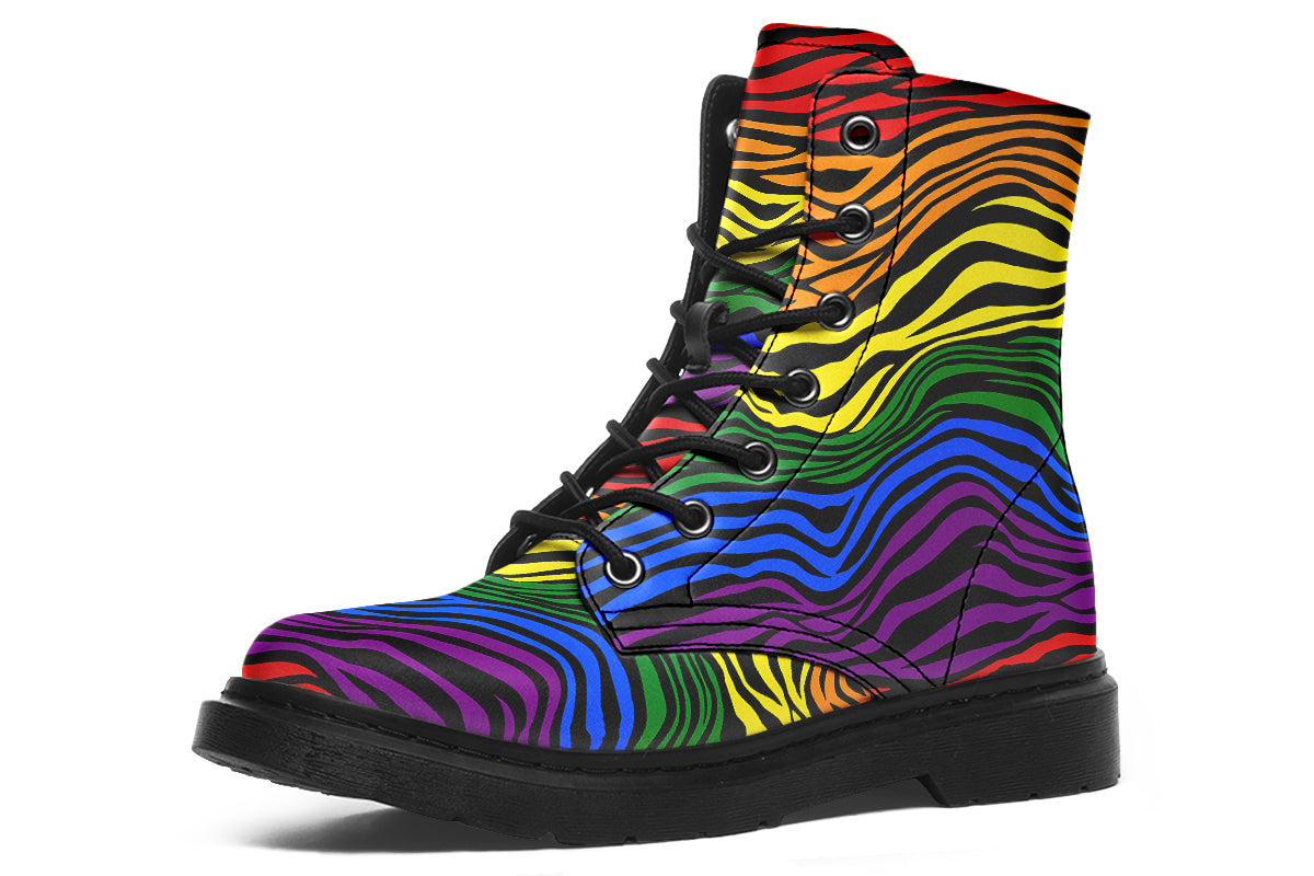 Boots featuring a zebra pattern in rainbow colours