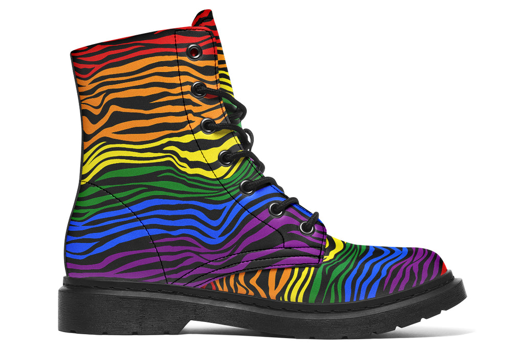 Boots featuring a zebra pattern in rainbow colours