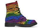 Boots featuring a zebra pattern in rainbow colours