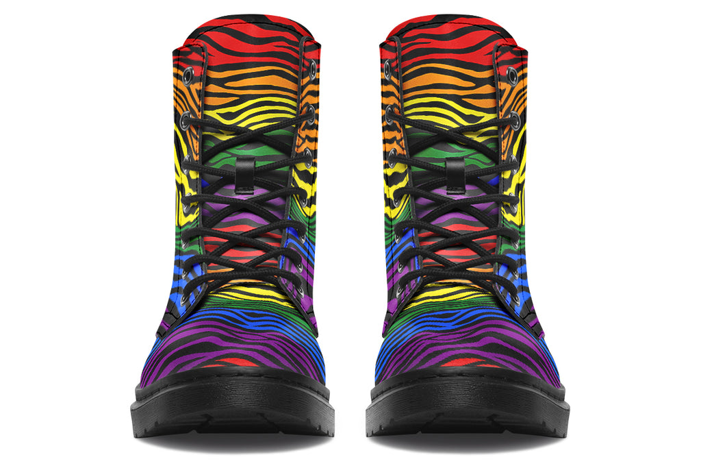 Boots featuring a zebra pattern in rainbow colours