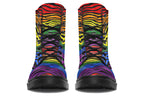 Boots featuring a zebra pattern in rainbow colours