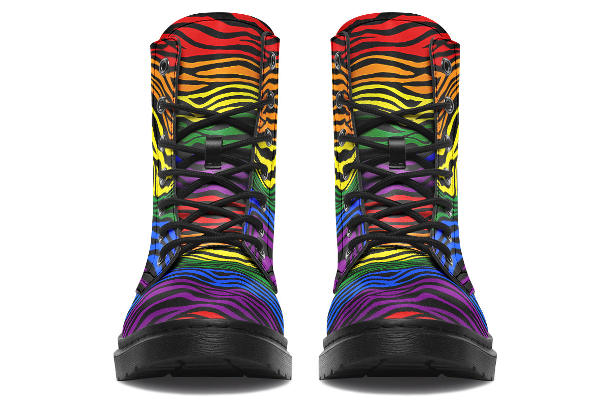 Boots featuring a zebra pattern in rainbow colours