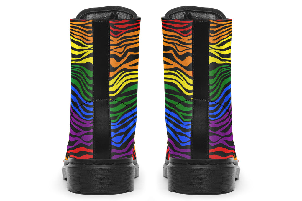 Boots featuring a zebra pattern in rainbow colours