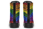 Boots featuring a zebra pattern in rainbow colours