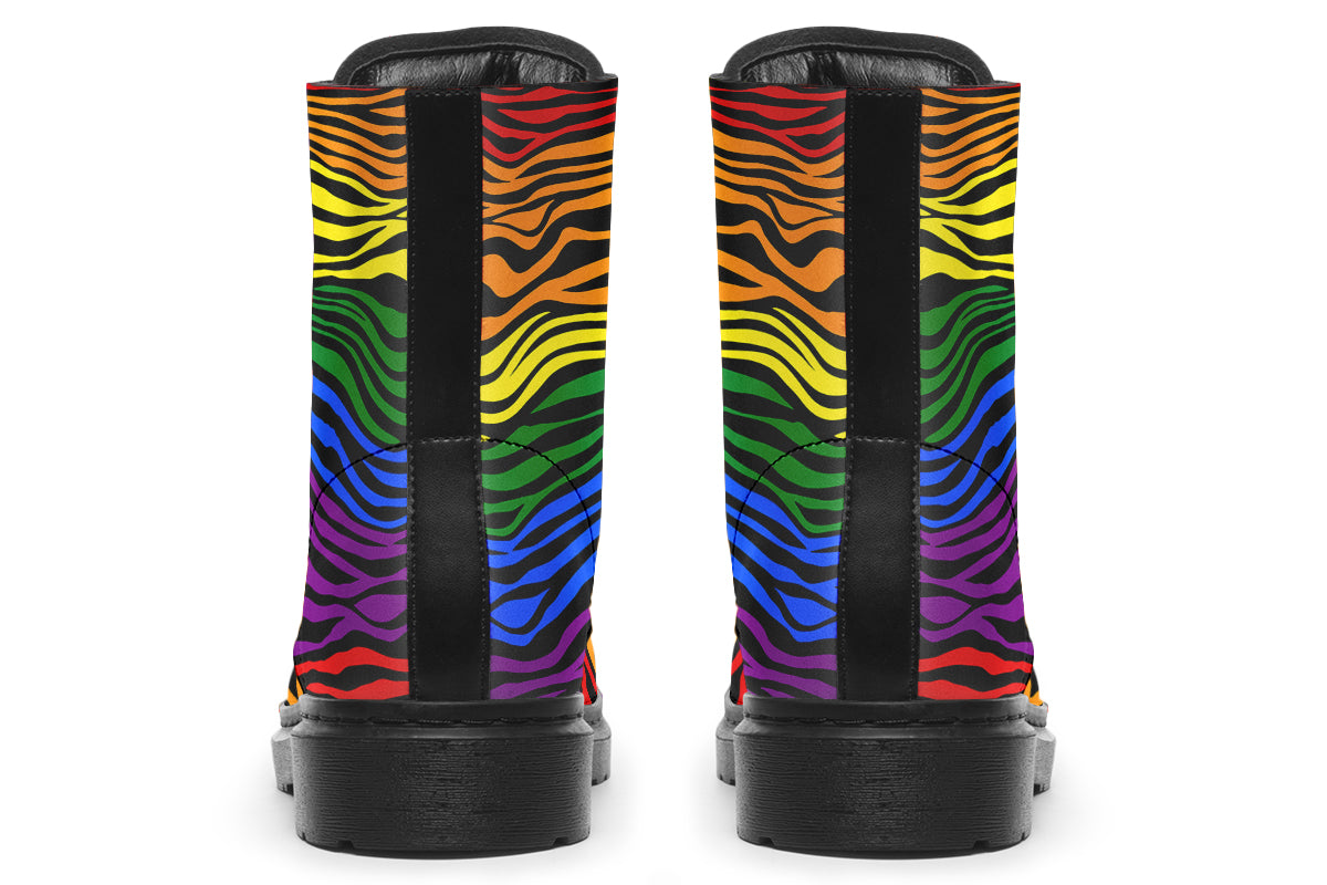 Boots featuring a zebra pattern in rainbow colours