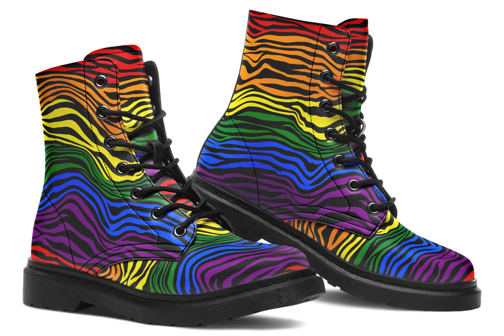 Boots featuring a zebra pattern in rainbow colours