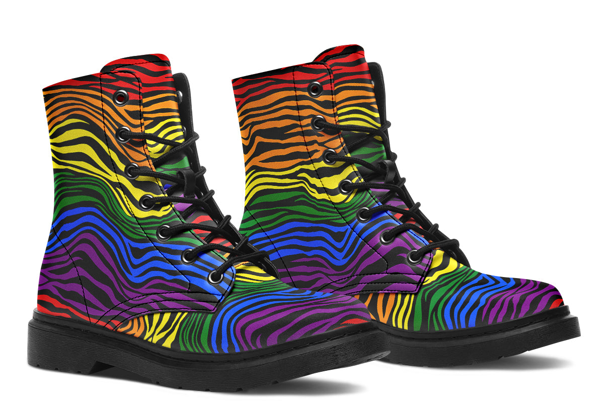 Boots featuring a zebra pattern in rainbow colours