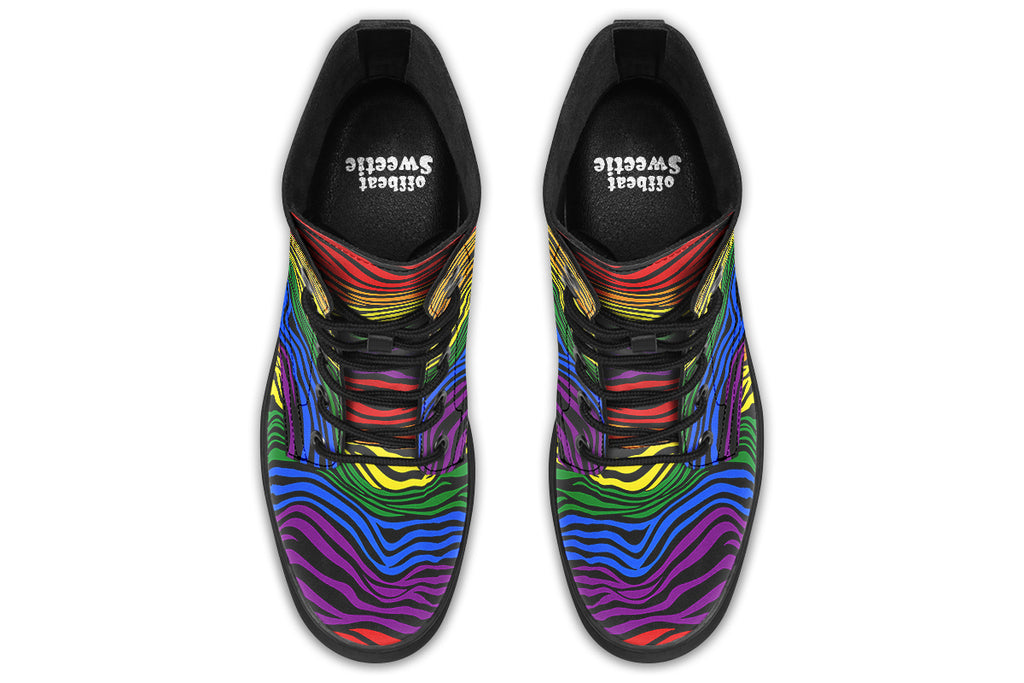 Boots featuring a zebra pattern in rainbow colours