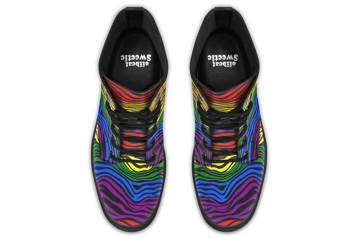 Boots featuring a zebra pattern in rainbow colours