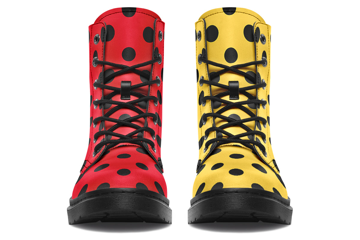 Red And Yellow Mismatched Polka Dot Boots