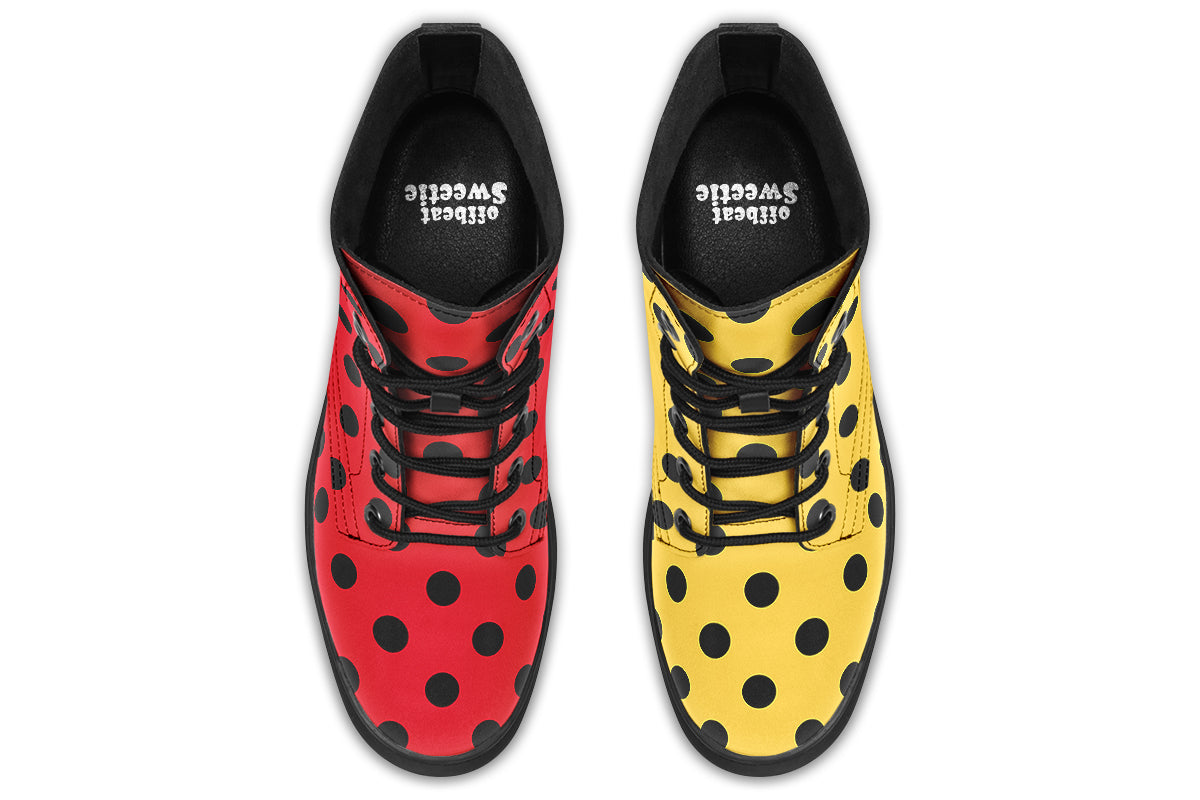 Red And Yellow Mismatched Polka Dot Boots