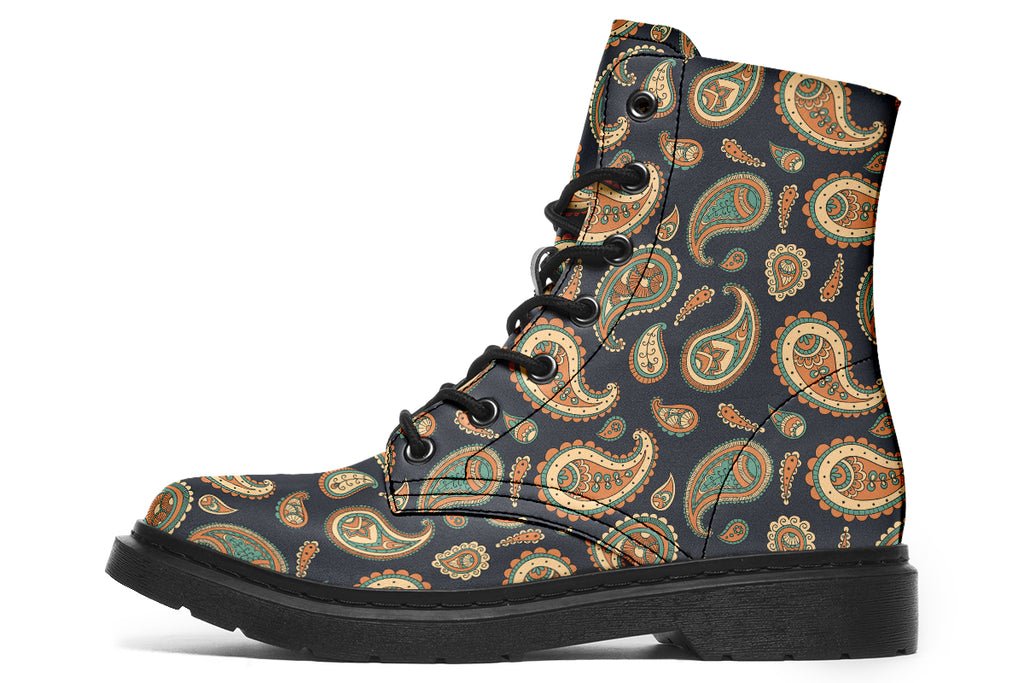 Deep navy blue boots with a paisley pattern in browns, greens and creams