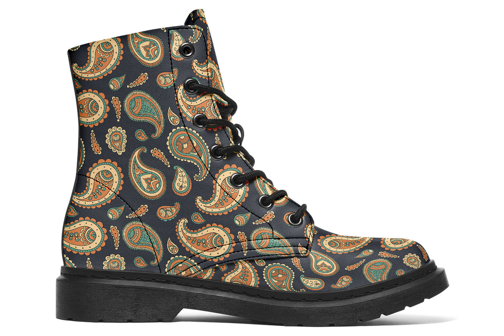 Deep navy blue boots with a paisley pattern in browns, greens and creams
