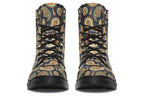Deep navy blue boots with a paisley pattern in browns, greens and creams