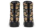 Deep navy blue boots with a paisley pattern in browns, greens and creams