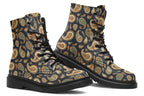Deep navy blue boots with a paisley pattern in browns, greens and creams