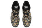 Deep navy blue boots with a paisley pattern in browns, greens and creams