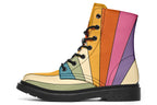 Boots featuring a vertical rainbow design in retro-themed colours, such as mustard yellow, burnt orange, olive green etc. 