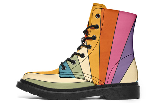 Boots featuring a vertical rainbow design in retro-themed colours, such as mustard yellow, burnt orange, olive green etc. 