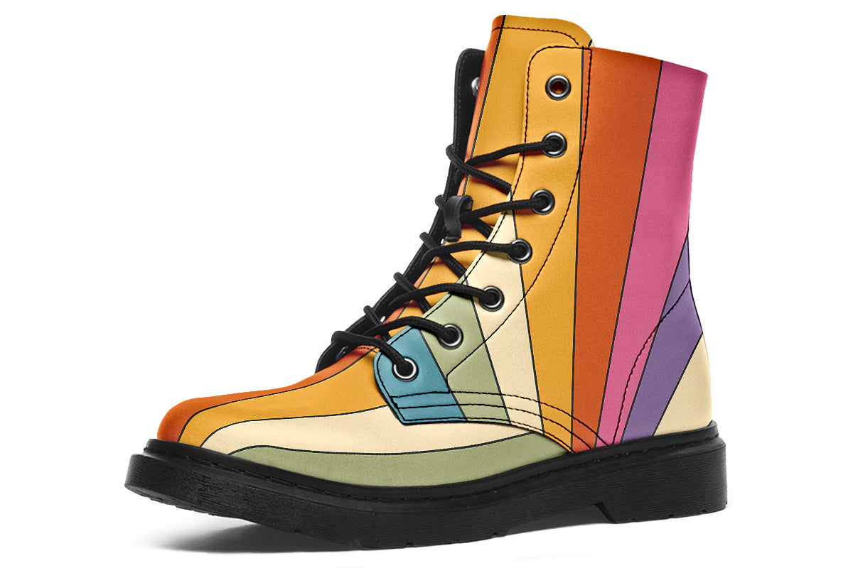 Boots featuring a vertical rainbow design in retro-themed colours, such as mustard yellow, burnt orange, olive green etc. 