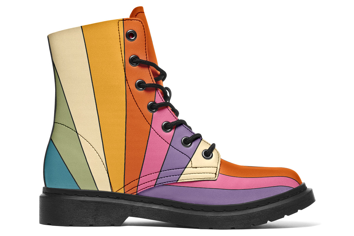 Boots featuring a vertical rainbow design in retro-themed colours, such as mustard yellow, burnt orange, olive green etc. 