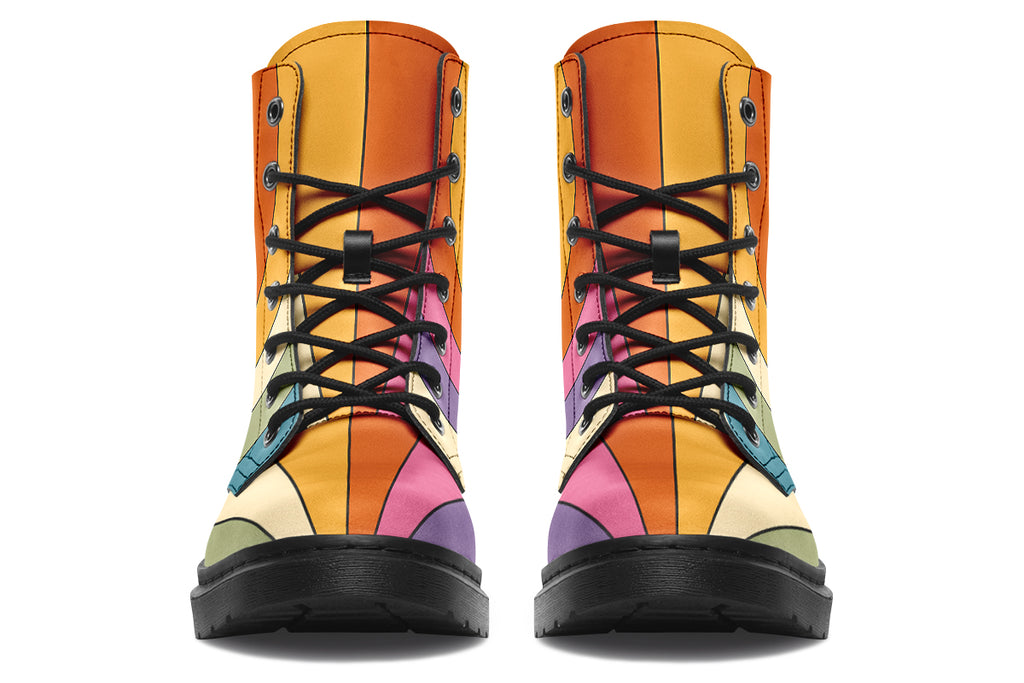 Boots featuring a vertical rainbow design in retro-themed colours, such as mustard yellow, burnt orange, olive green etc. 