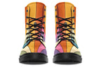 Boots featuring a vertical rainbow design in retro-themed colours, such as mustard yellow, burnt orange, olive green etc. 