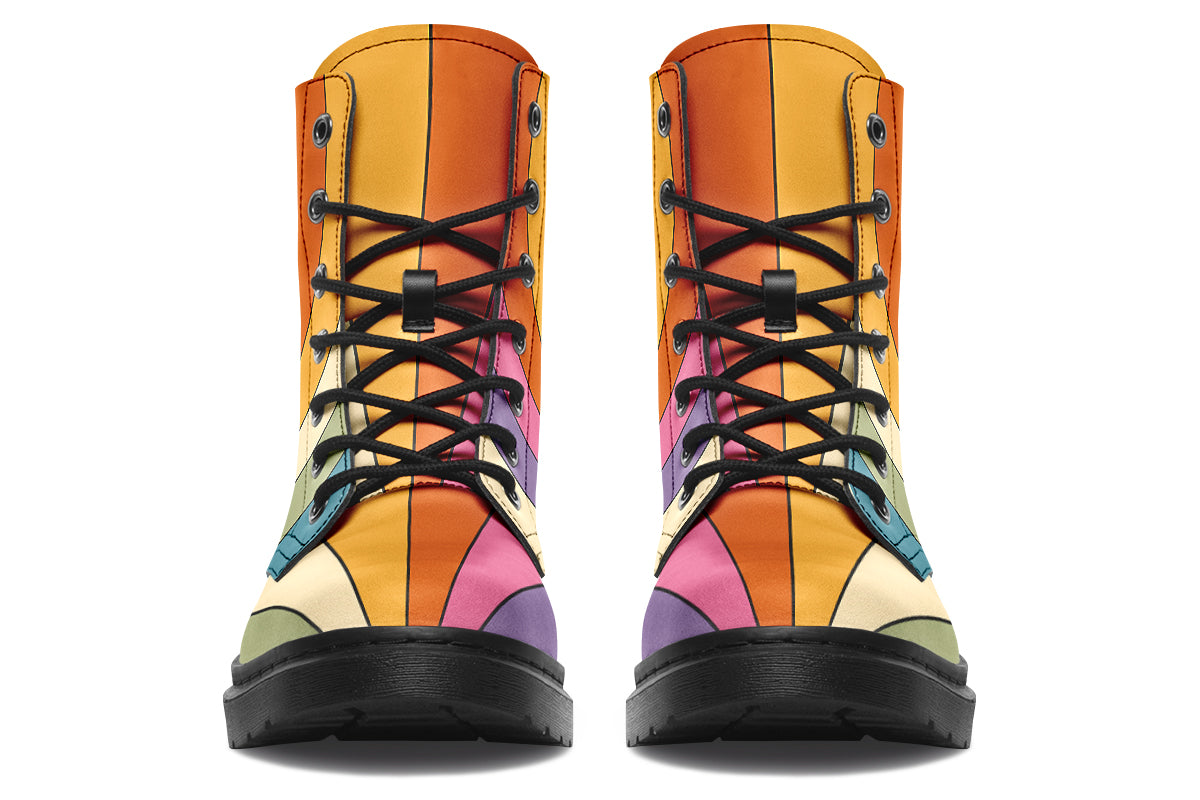 Boots featuring a vertical rainbow design in retro-themed colours, such as mustard yellow, burnt orange, olive green etc. 
