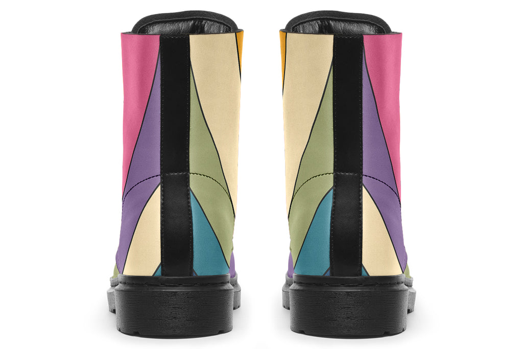 Boots featuring a vertical rainbow design in retro-themed colours, such as mustard yellow, burnt orange, olive green etc. 