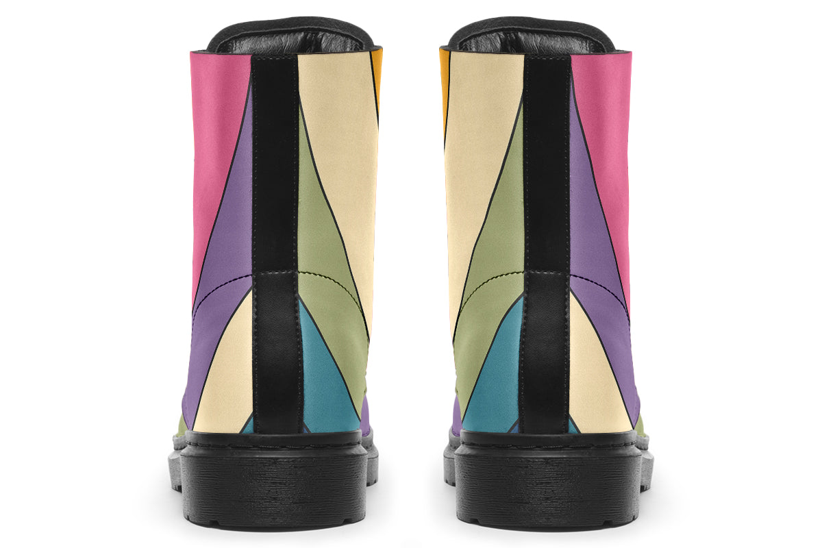 Boots featuring a vertical rainbow design in retro-themed colours, such as mustard yellow, burnt orange, olive green etc. 