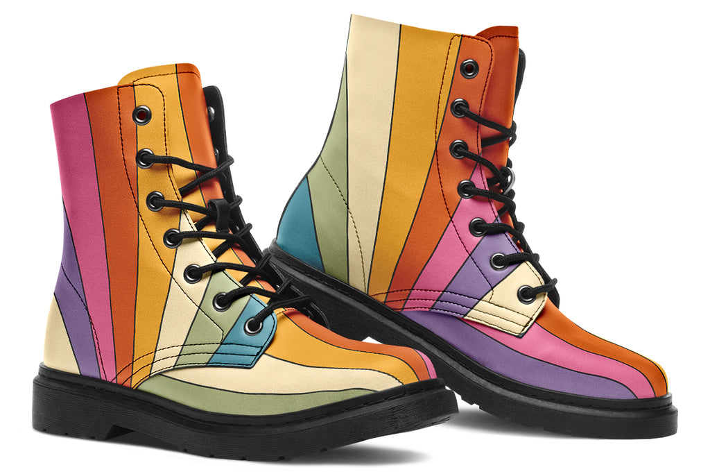 Boots featuring a vertical rainbow design in retro-themed colours, such as mustard yellow, burnt orange, olive green etc. 