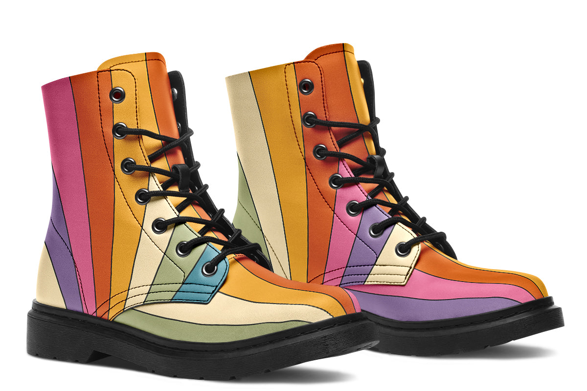 Boots featuring a vertical rainbow design in retro-themed colours, such as mustard yellow, burnt orange, olive green etc. 