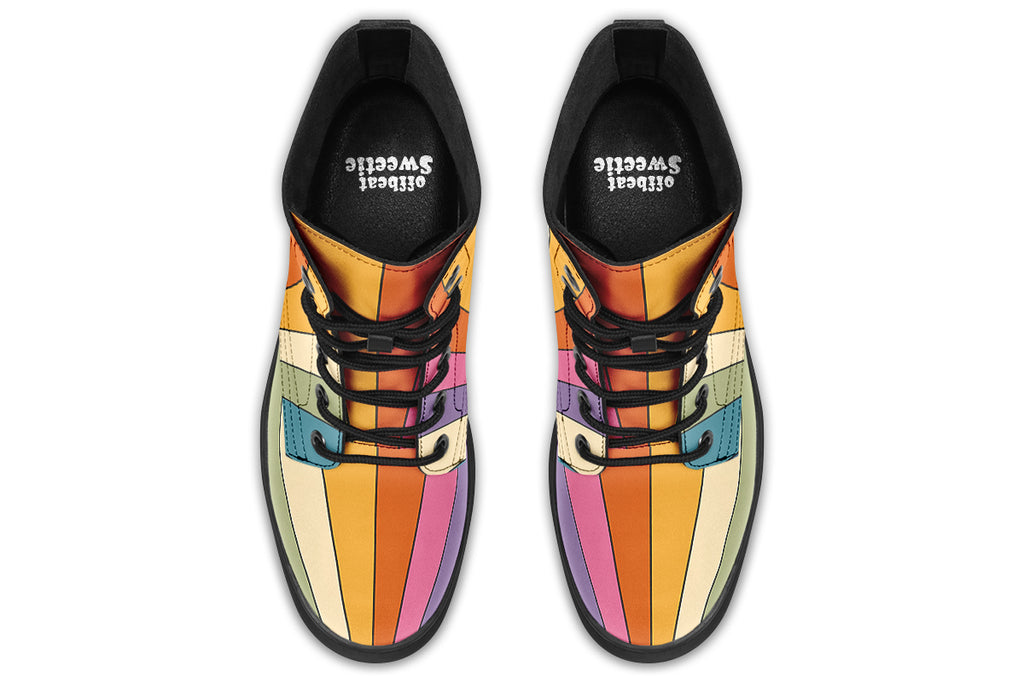 Boots featuring a vertical rainbow design in retro-themed colours, such as mustard yellow, burnt orange, olive green etc. 