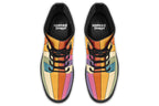 Boots featuring a vertical rainbow design in retro-themed colours, such as mustard yellow, burnt orange, olive green etc. 