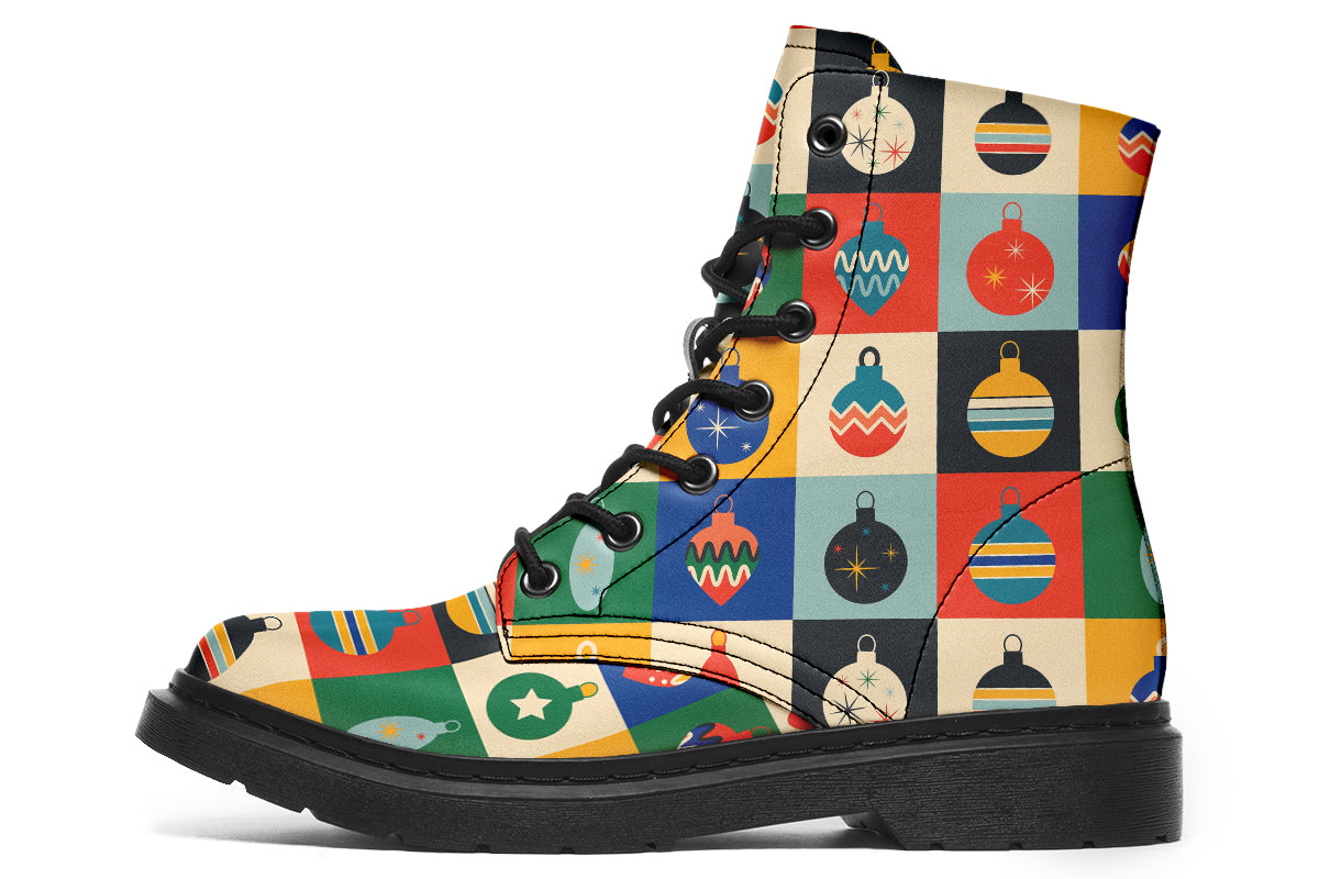 These boots feature a pattern of many squares, with each square having a different Christmas bauble in it and a different coloured background such as cream, mustard yellow, red, green and blue. 