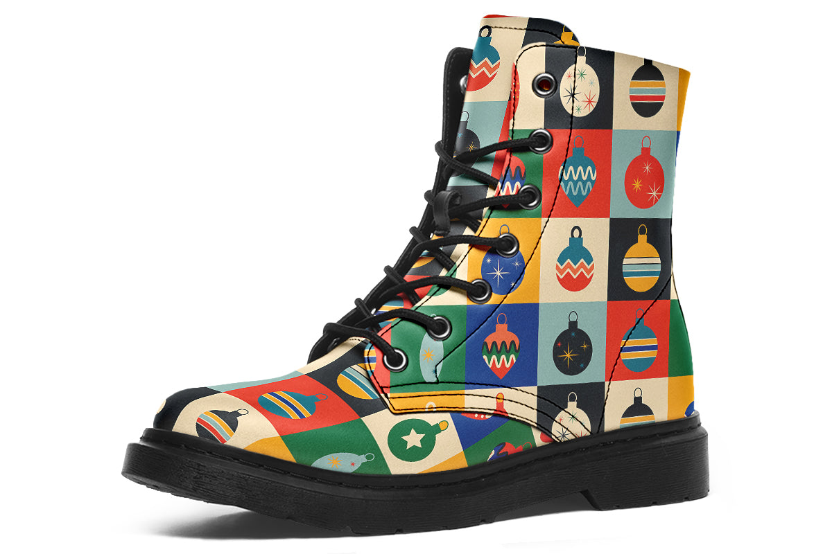 These boots feature a pattern of many squares, with each square having a different Christmas bauble in it and a different coloured background such as cream, mustard yellow, red, green and blue. 