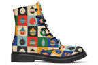 These boots feature a pattern of many squares, with each square having a different Christmas bauble in it and a different coloured background such as cream, mustard yellow, red, green and blue. 