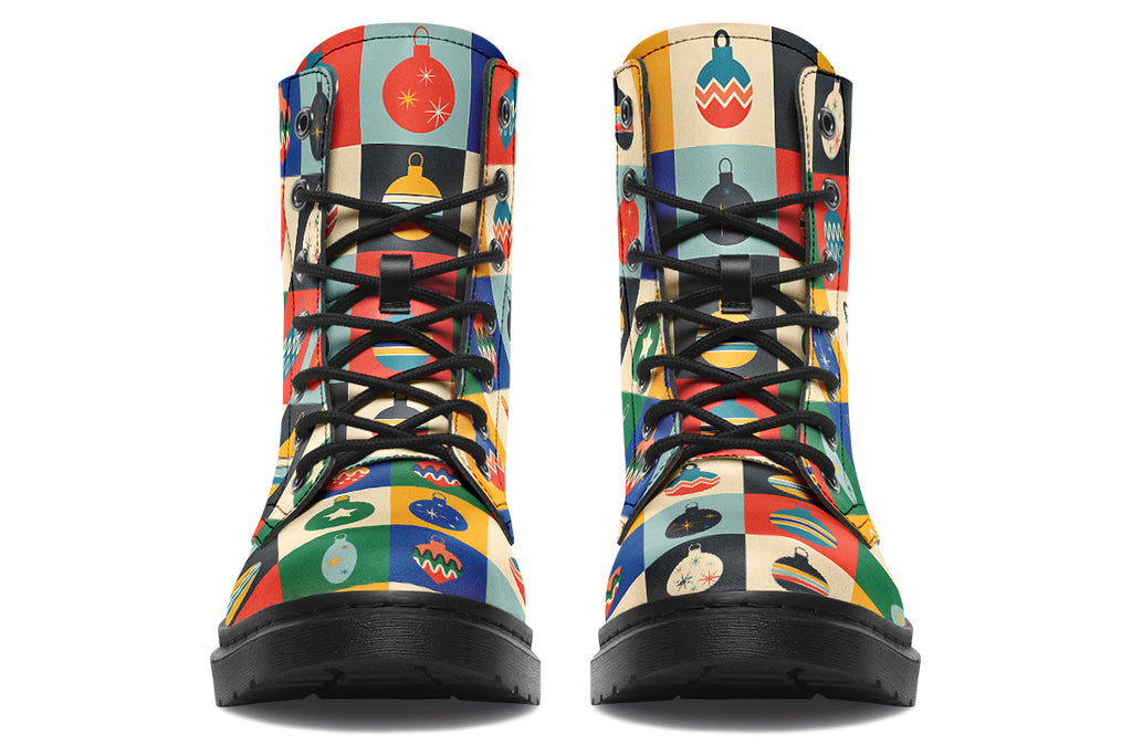 These boots feature a pattern of many squares, with each square having a different Christmas bauble in it and a different coloured background such as cream, mustard yellow, red, green and blue. 