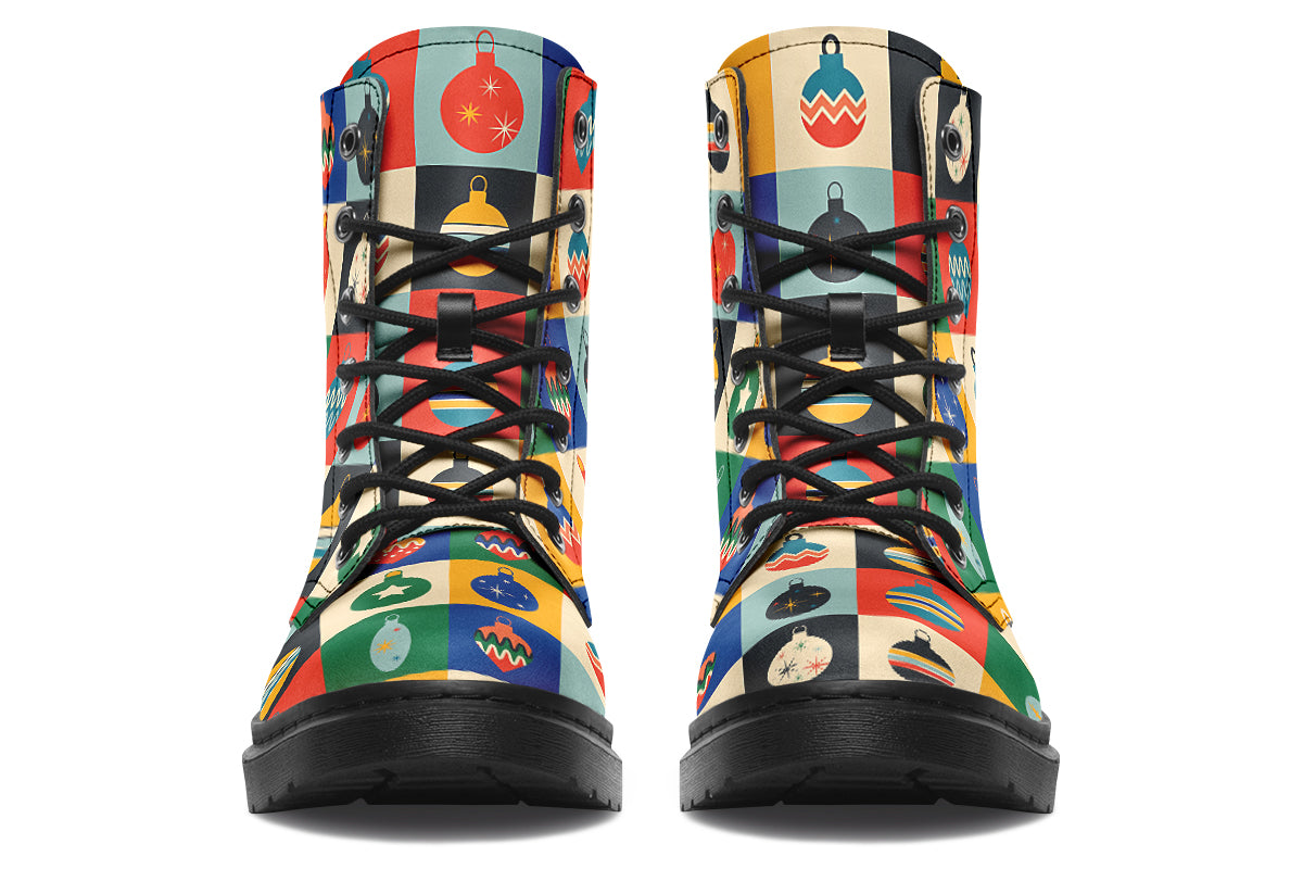 These boots feature a pattern of many squares, with each square having a different Christmas bauble in it and a different coloured background such as cream, mustard yellow, red, green and blue. 
