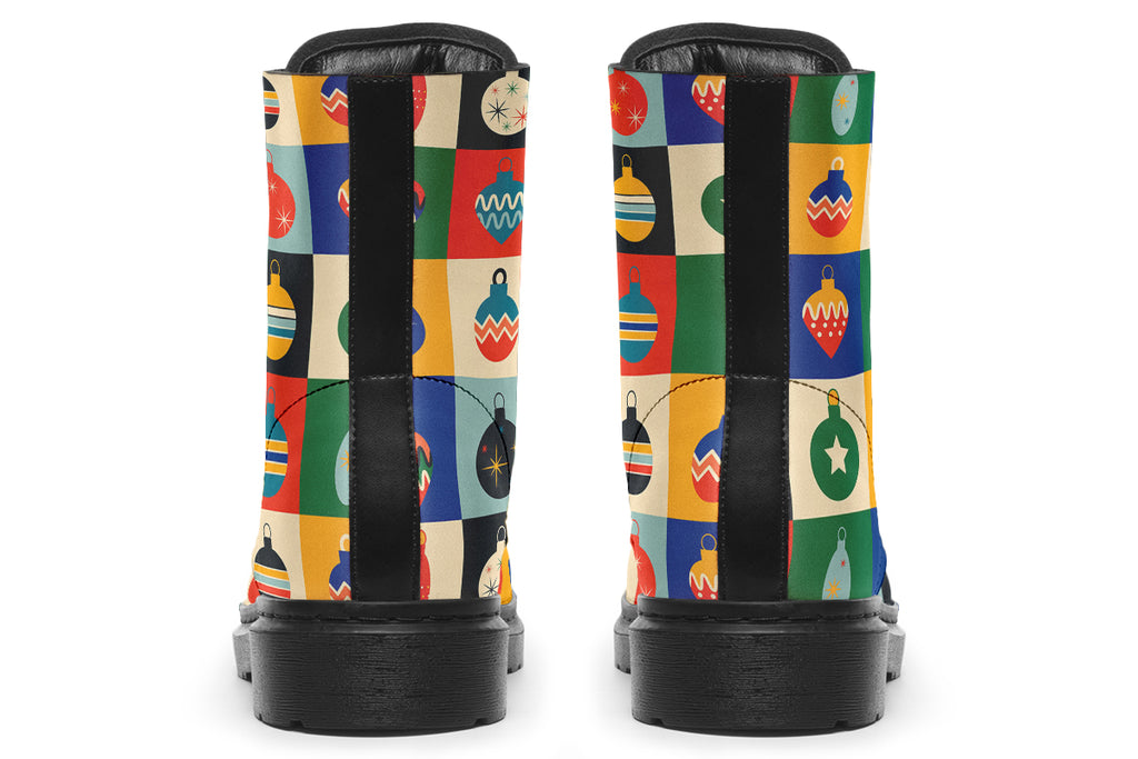 These boots feature a pattern of many squares, with each square having a different Christmas bauble in it and a different coloured background such as cream, mustard yellow, red, green and blue. 