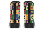 These boots feature a pattern of many squares, with each square having a different Christmas bauble in it and a different coloured background such as cream, mustard yellow, red, green and blue. 