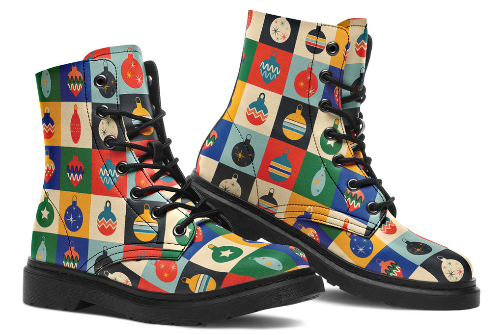 These boots feature a pattern of many squares, with each square having a different Christmas bauble in it and a different coloured background such as cream, mustard yellow, red, green and blue. 