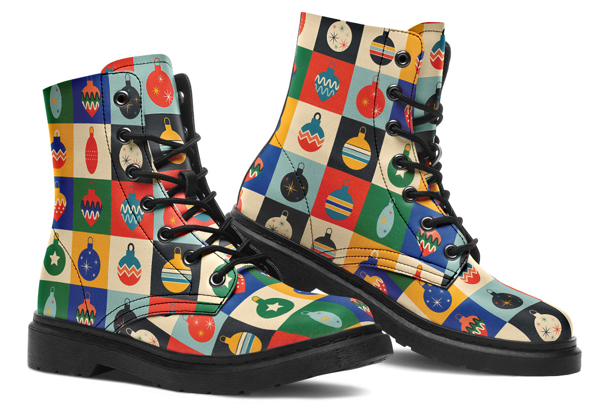 These boots feature a pattern of many squares, with each square having a different Christmas bauble in it and a different coloured background such as cream, mustard yellow, red, green and blue. 