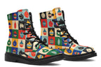 These boots feature a pattern of many squares, with each square having a different Christmas bauble in it and a different coloured background such as cream, mustard yellow, red, green and blue. 