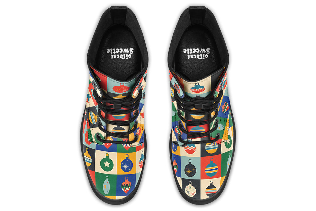 These boots feature a pattern of many squares, with each square having a different Christmas bauble in it and a different coloured background such as cream, mustard yellow, red, green and blue. 